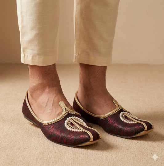 Handmade Wedding Jutti for Men Maroon Black Mojari