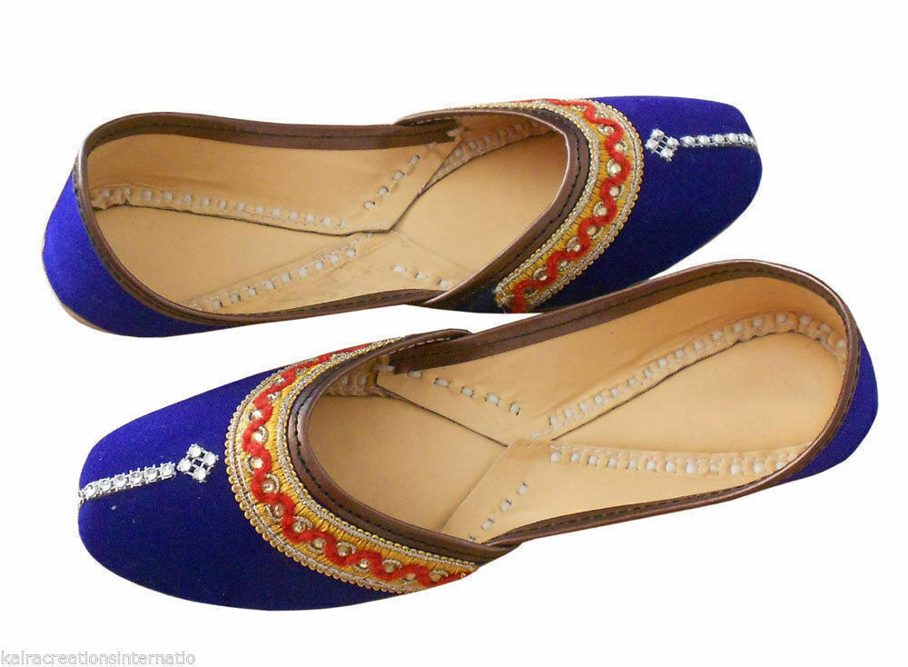 Women Shoes Indian Handmade Jutties Leather Blue Ballerinas Flat Mojaries Flip-Flops US 5/6