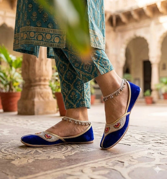 Women Handmade Bridal Blue Jutti Ethnic Flats Mojari