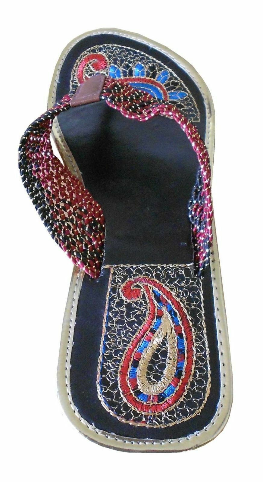 Women Slippers Traditional Mojaries Beaded Leather Slip-Ons Indian Jutties Flip-Flops Flat US 9