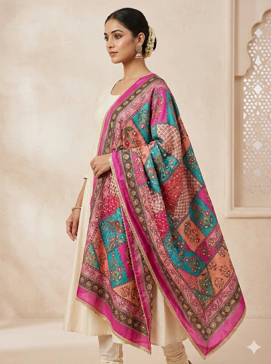 Wedding Dupatta for Women Phulkari Multicolor Bridal Silk