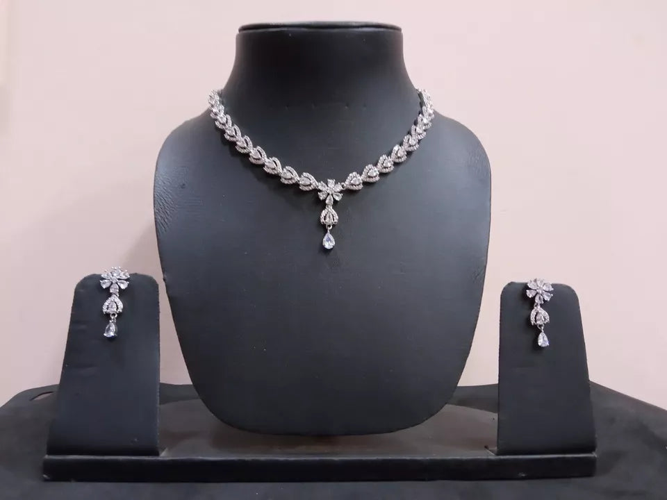 Women Necklace Jewelry Earrings Indian Bollywood Bridal AD Set Silver Plated