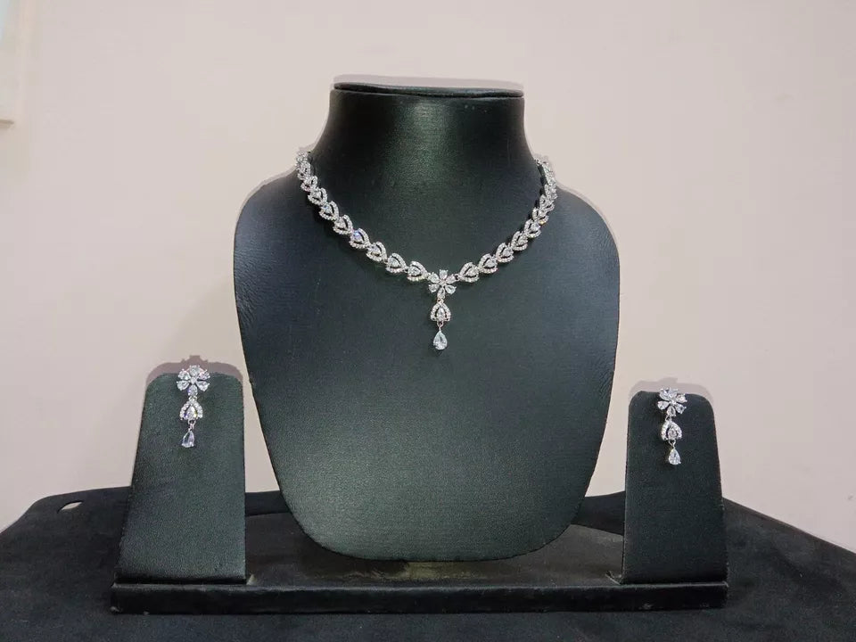 Women Necklace Jewelry Earrings Indian Bollywood Bridal AD Set Silver Plated