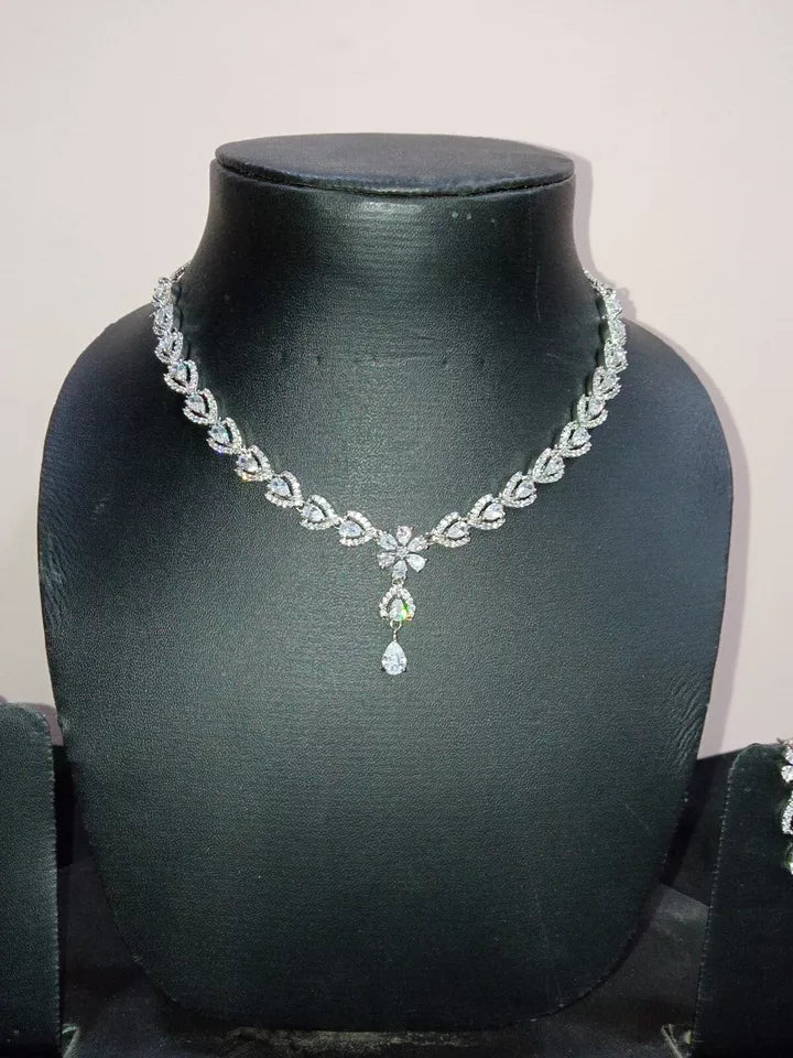 Women Necklace Jewelry Earrings Indian Bollywood Bridal AD Set Silver Plated