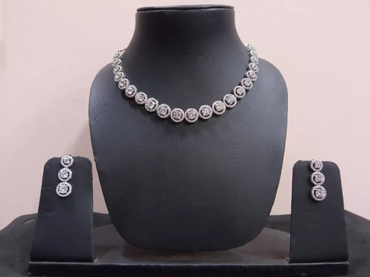 Women AD Necklace Set Indian Bollywood Bridal Set Silver Plated Jewelry Earrings By Kalra Creations