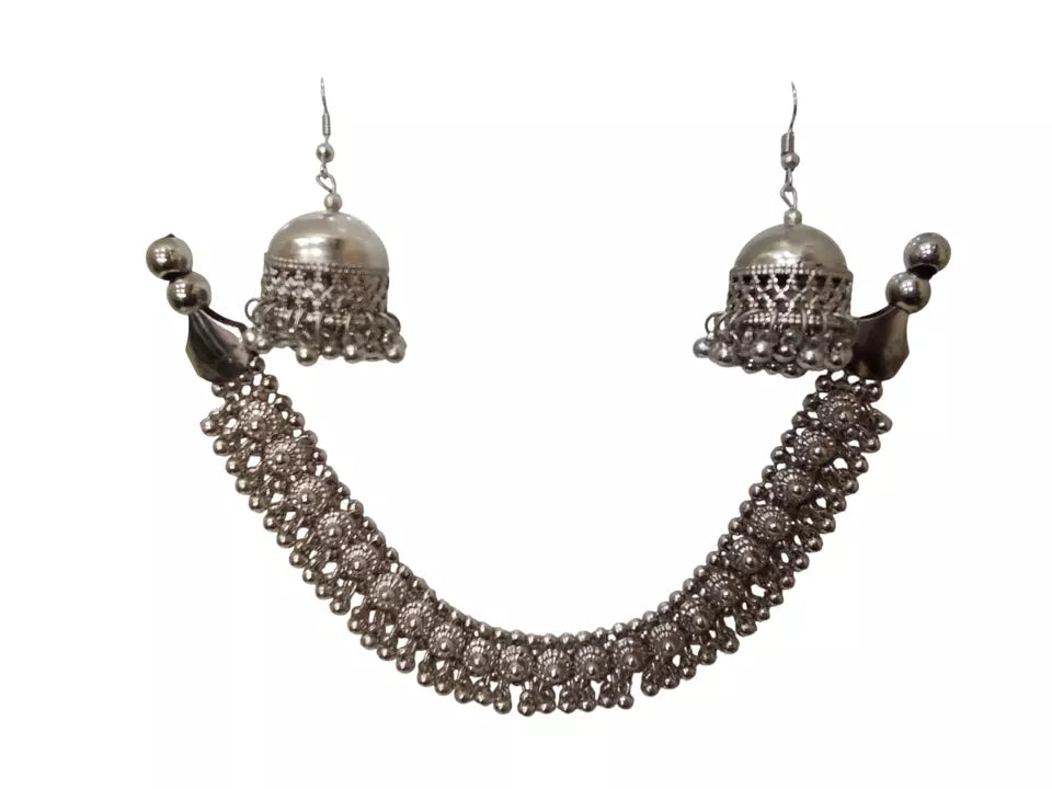 Women Oxidised German Silver Necklace With Earrings for Women and Girl's