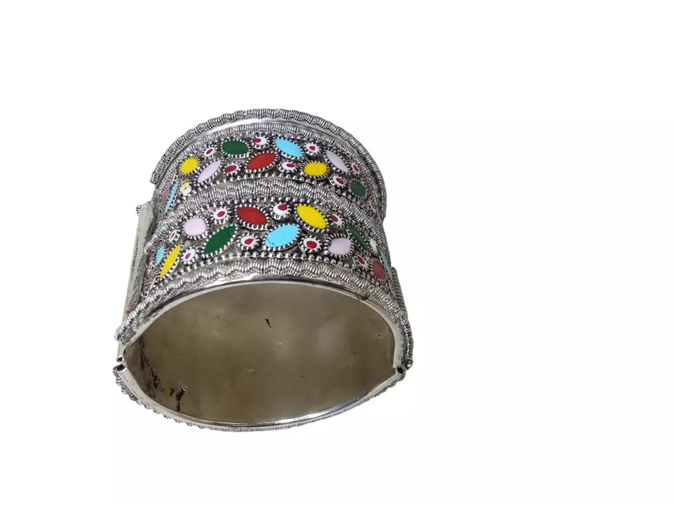 Women Brass Oxidised Side Openable Bracelet Bangles Brass Silver Tone