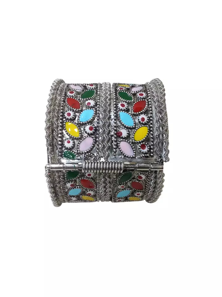 Women Brass Oxidised Side Openable Bracelet Bangles Brass Silver Tone