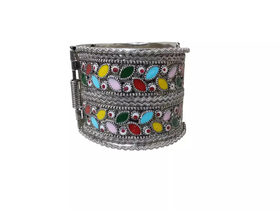 Women Brass Oxidised Side Openable Bracelet Bangles Brass Silver Tone