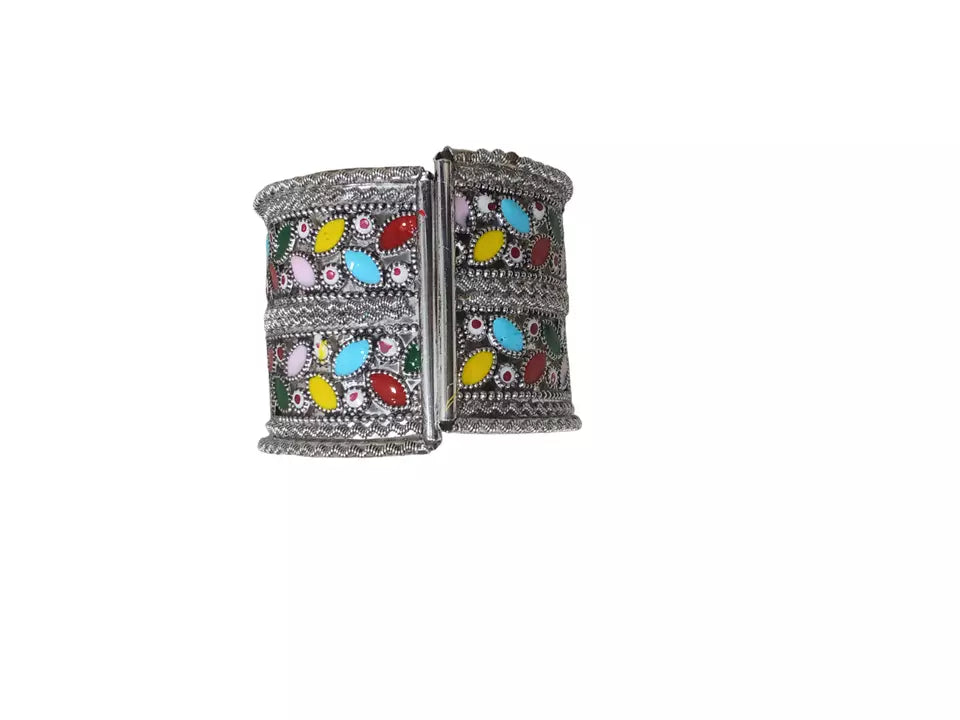 Women Brass Oxidised Side Openable Bracelet Bangles Brass Silver Tone