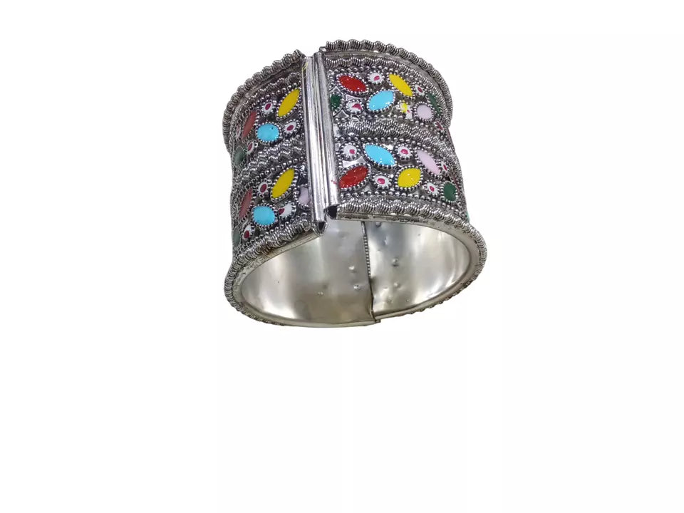 Women Brass Oxidised Side Openable Bracelet Bangles Brass Silver Tone