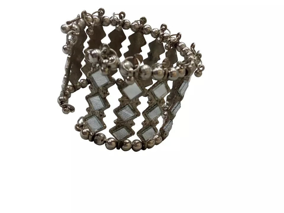 Women Brass Oxidised Rajasthani Side Openable Bracelet Bangles Brass Silver Tone