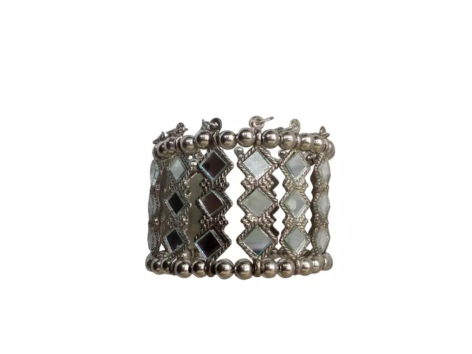 Women Brass Oxidised Rajasthani Side Openable Bracelet Bangles Brass Silver Tone