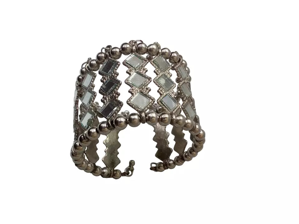 Women Brass Oxidised Rajasthani Side Openable Bracelet Bangles Brass Silver Tone
