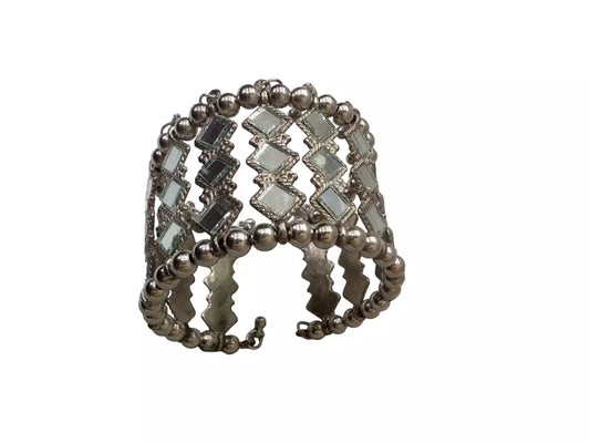 Women Brass Oxidised Rajasthani Side Openable Bracelet Bangles Brass Silver Tone