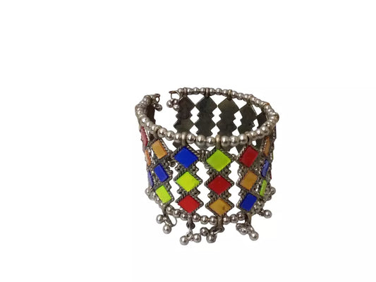 Women Brass Oxidised Rajasthani Side Openable Bracelet Bangles Brass Silver Tone