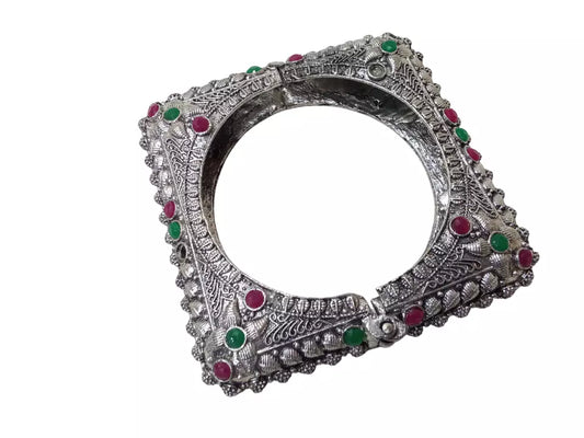 Women Brass Oxidised Side Openable Bracelet Bangles Brass Rajasthani Silver Tone