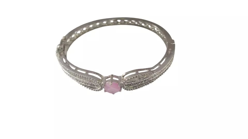 Women Bracelet Silver Plated Indian Jewelery Pink Stone Kada Bracelet AD