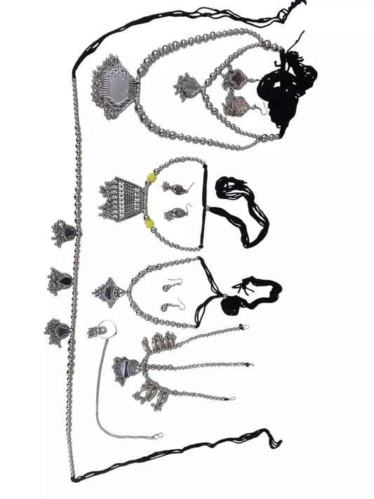 Women Silver Oxidised Necklace With Earrings Pendant Clip On Nose Pin Combo Set