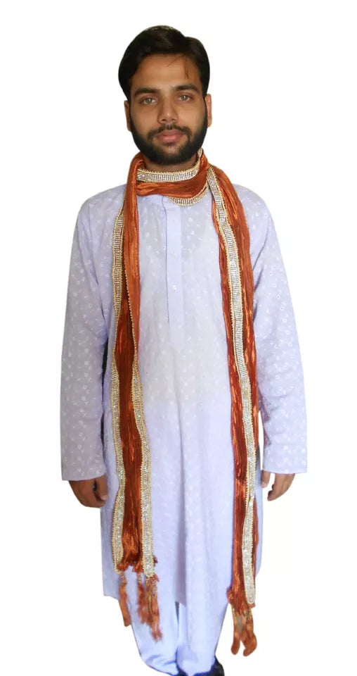 Men Stole Indian New Wedding Groom Chunni Dupatta Sherwani Silk Handmade Brown By Kalra Creations