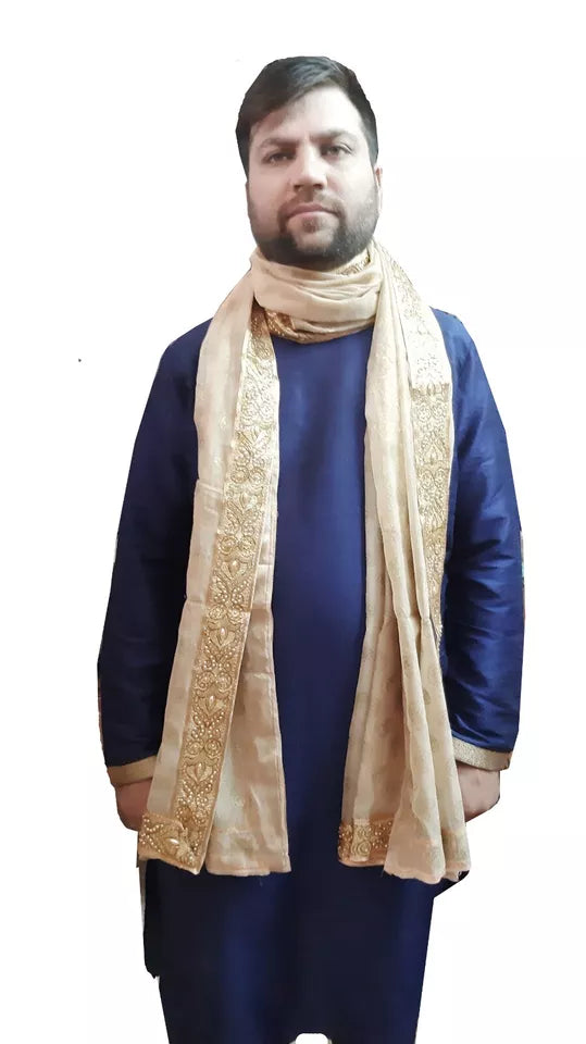 Men Silk Dupatta Indian Traditional Scarves Cream Wedding Groom Handmade Stole