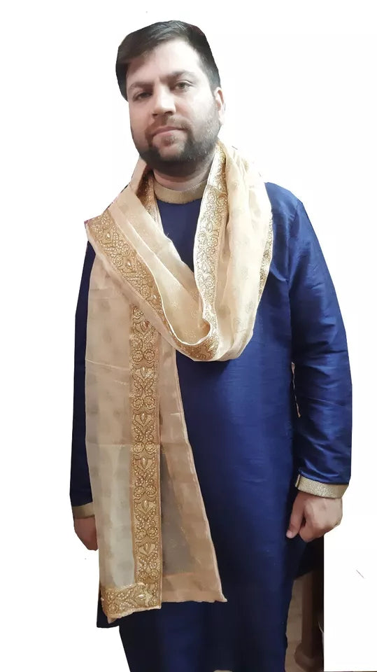 Men Silk Dupatta Indian Traditional Scarves Cream Wedding Groom Handmade Stole