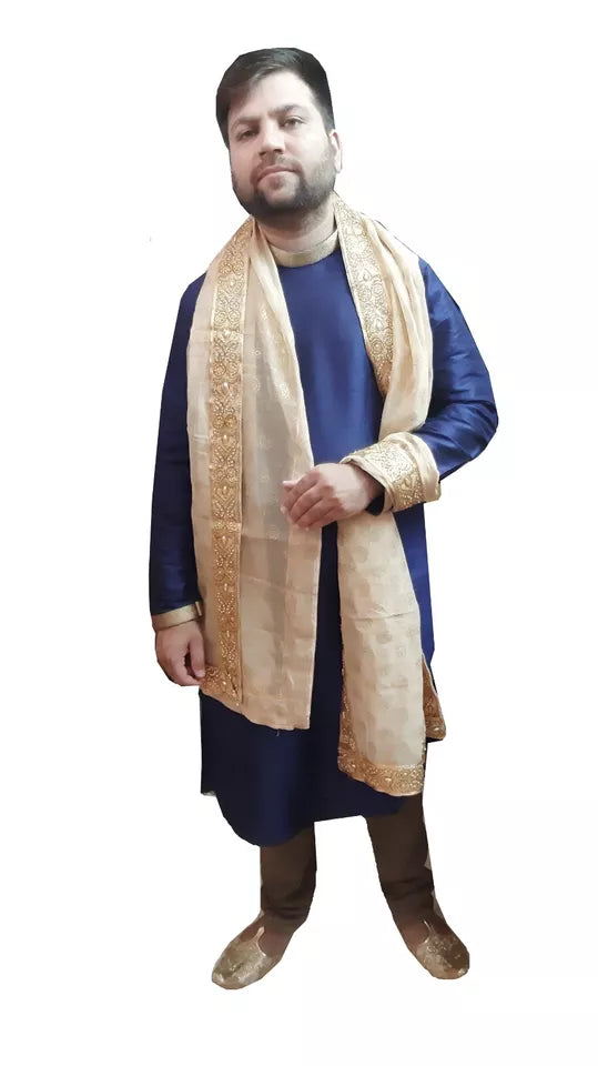 Men Silk Dupatta Indian Traditional Scarves Cream Wedding Groom Handmade Stole