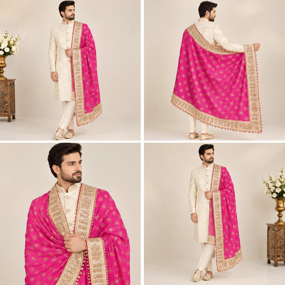 Groom Sherwani Dupatta Pink Silk Wedding Stole