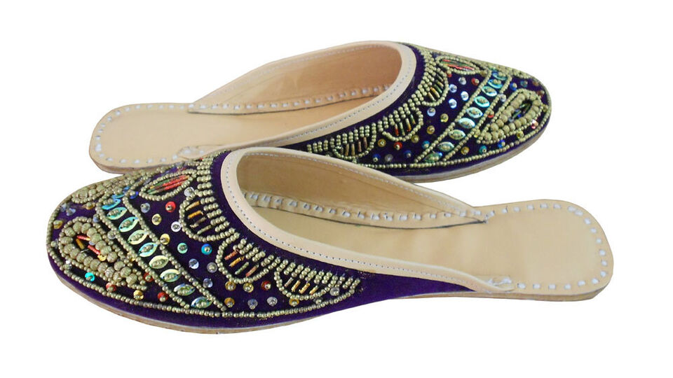 Women Slippers Indian Punjabi Mojaries Traditional Leather Jutties Purple Clogs Flip-Flops Flat US 6-9
