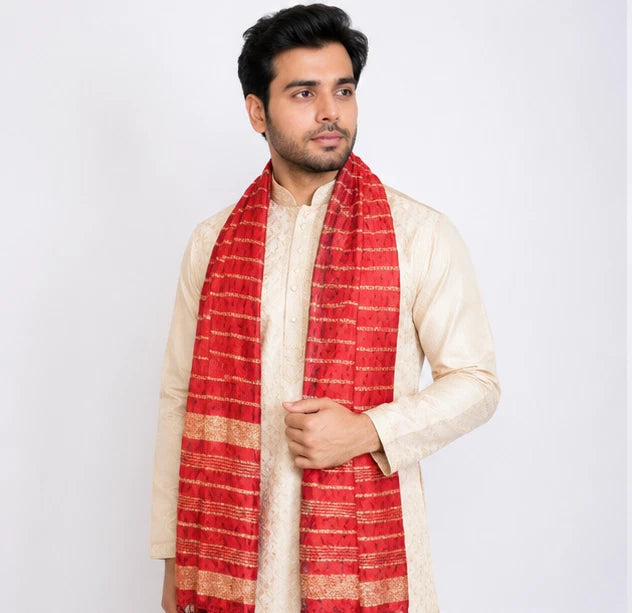 Groom Sherwani Dupatta Red Silk Wedding Stole