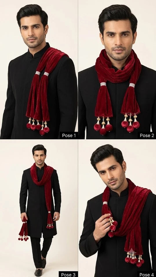 Groom Sherwani Dupatta Maroon Velvet Wedding Stole