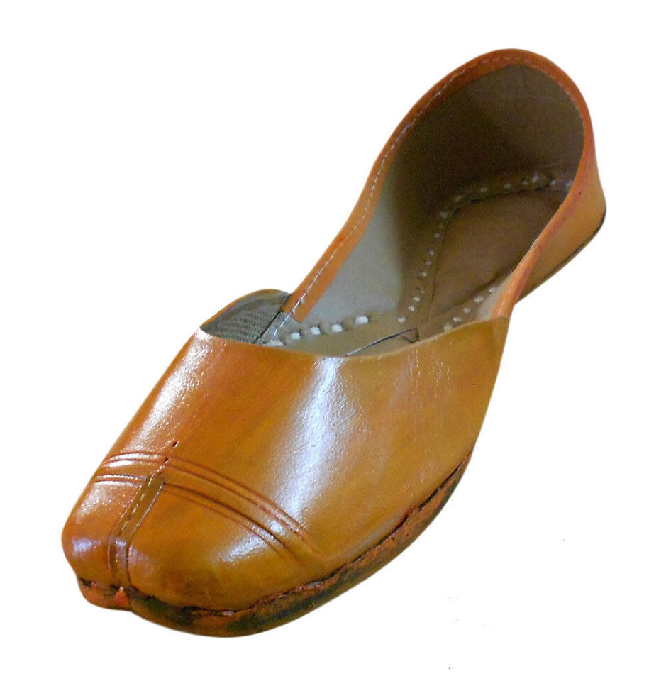 Women Shoes Traditional Jutties Indian Handmade Leather Orange Ballerinas Flip-Flops Flat US 5.5