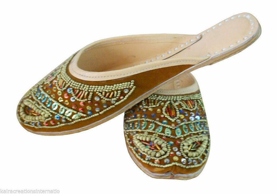 Women Slippers Indian Handmade Jutties Traditional Clogs Brown Mojaries Flip-Flops Flat US 7