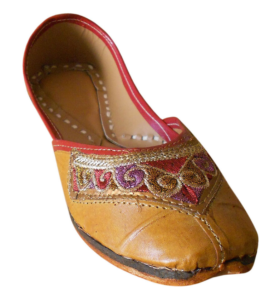 By Kalra Creations Women Shoes Indian Handmade Leather Wedding Khussa Loafers Brown Jutties Flip-Flops Flat US 6.5-8.5