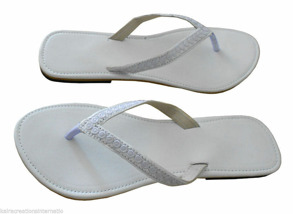 Women Slippers Indian Handmade Leather Cream Mojaries White Jutties Flip-Flops US 7