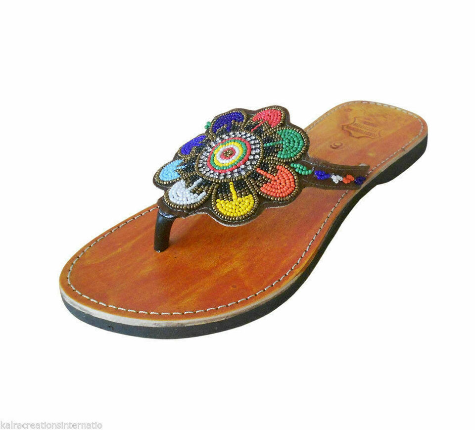 Women Slippers Traditional Beaded Leather Mojaries Slip-Ons Indian Jutties Flip-Flops Flat US 8/10
