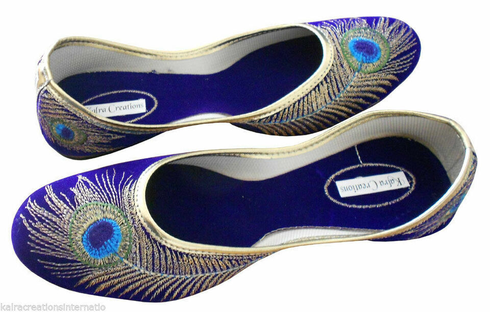 By Kalra Creations Women Shoes Indian Khussa Ethnic Jutties Handmade Blue Mojaries Peacock Print Flip-Flops US 5-10