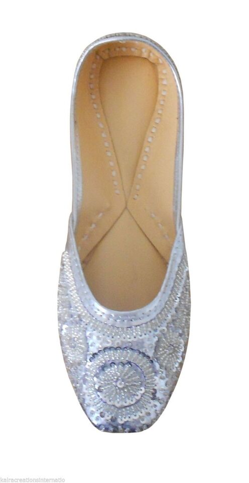 Women Shoes Indian Handmade Leather Jutties Wedding Mojaries Sliver Flip-Flops Flat US 4-12