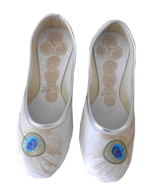By Kalra Creations Women Shoes Indian Handmade White Jutties Leather Mojareis Flip-Flops Flat US 6-7