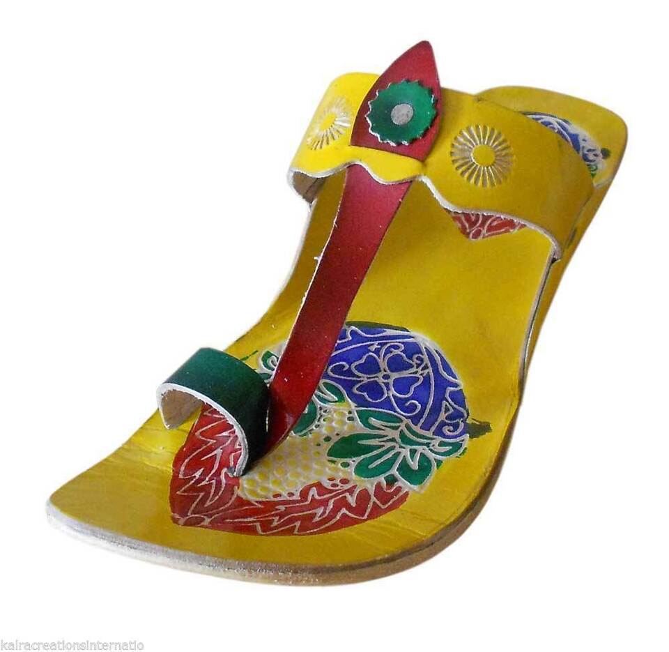 Women Slippers Indian Handmade Clogs Traditional Wedding Yellow Leather Mojaries Flip-Flops Flat US 6