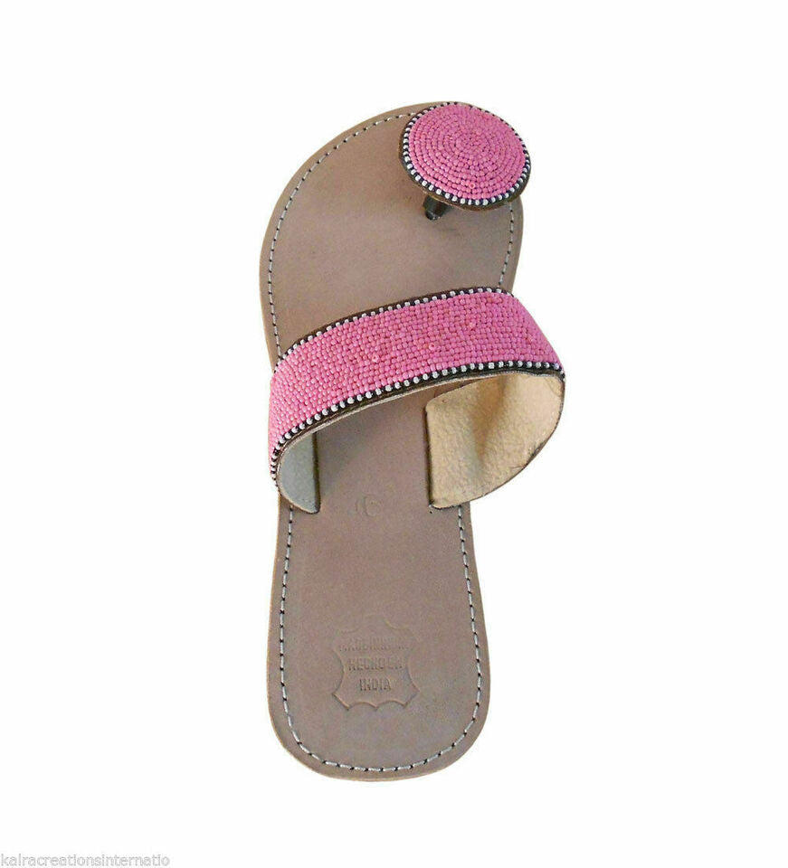 Women Slippers Indian Jutties Ethnic Handmade Cream With Pink Mojaries Beaded Slip-Ons Flip-Flops Flat US 6-9
