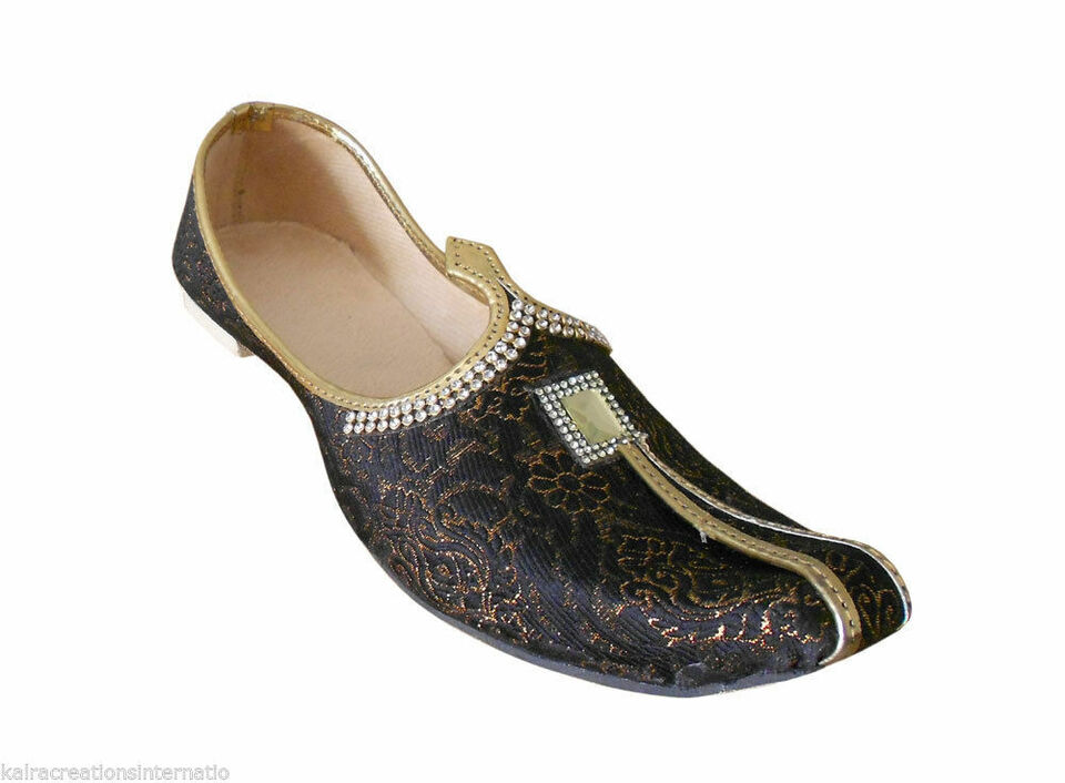 Men Shoes Handmade Mojaries Sherwani Black Khussa Indian Loafers & Slip Ons Flip-Flops Flat US 6