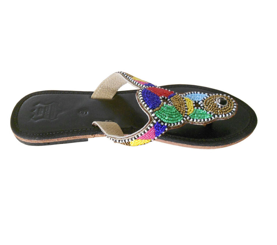 Women Slippers Indian Handmade Leather Mojaries Beaded Wedding Flip Flops Flat US 6-10