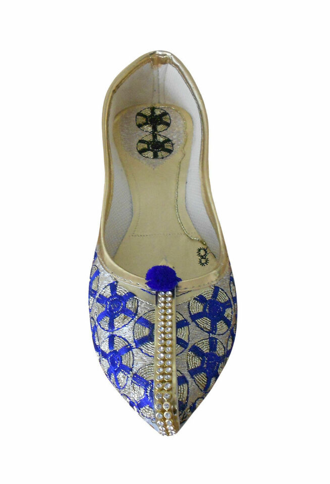 Women Shoes Indian Wedding Jutties Golden & Blue Pointy Mojaries Flip-Flops Flat US 5-7