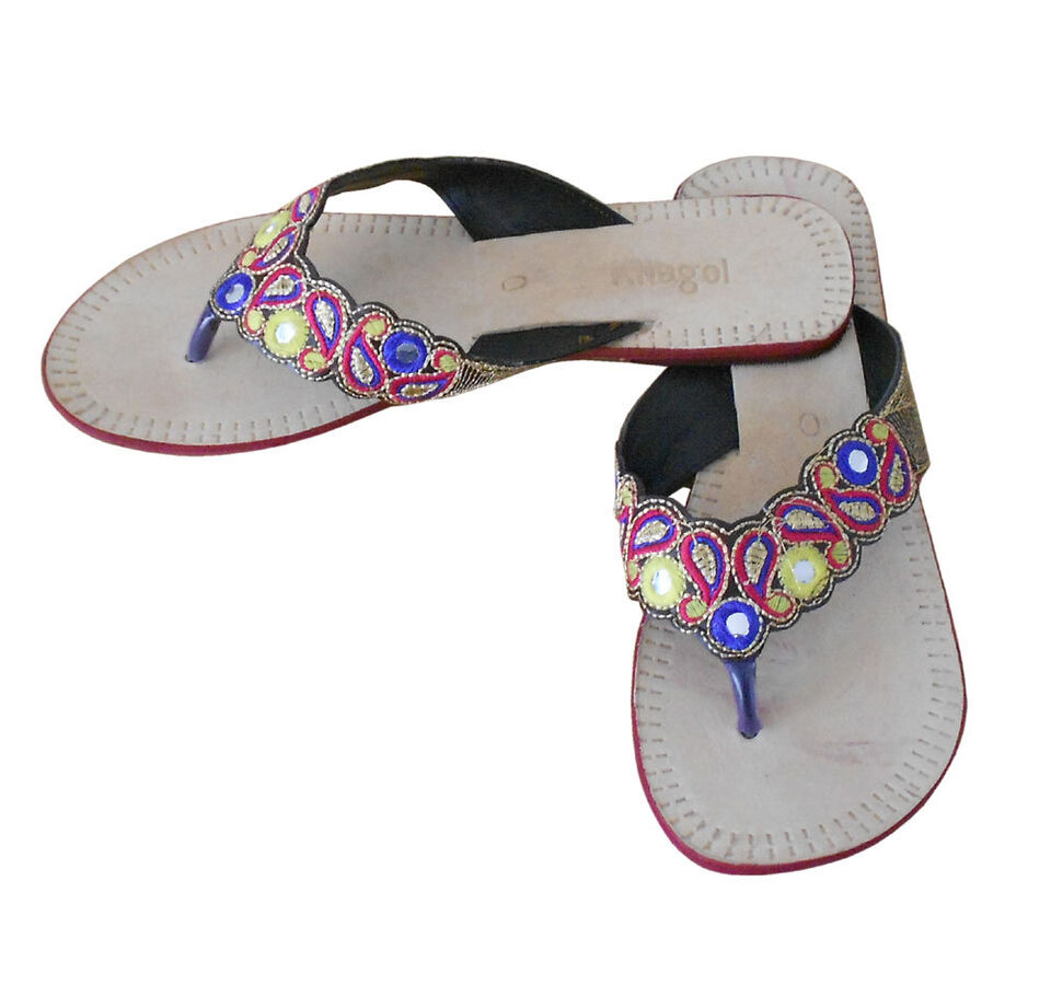 Women Slippers Indian Handmade Leather Mojaries Cream Jutties Embroidered Flip-Flop Flat US 5-9