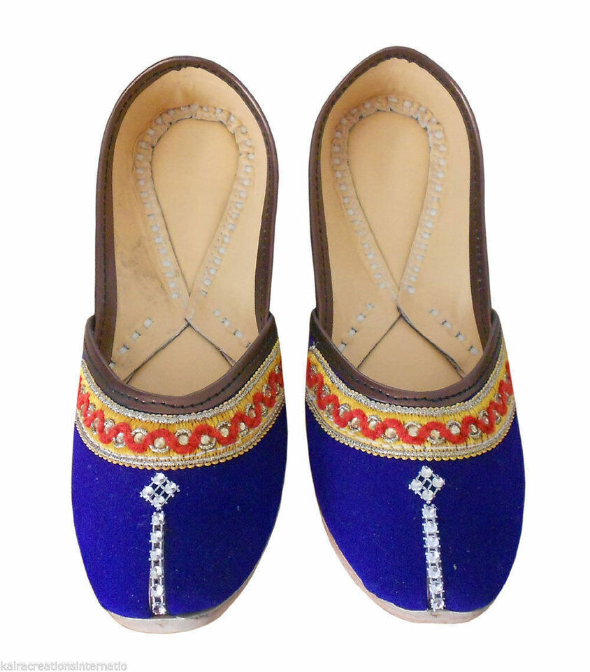 Women Shoes Indian Handmade Jutties Leather Blue Ballerinas Flat Mojaries Flip-Flops US 5/6