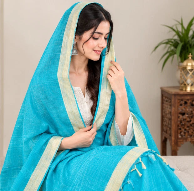 Wedding Dupatta Sky Blue & Golden for Women Bridal Silk