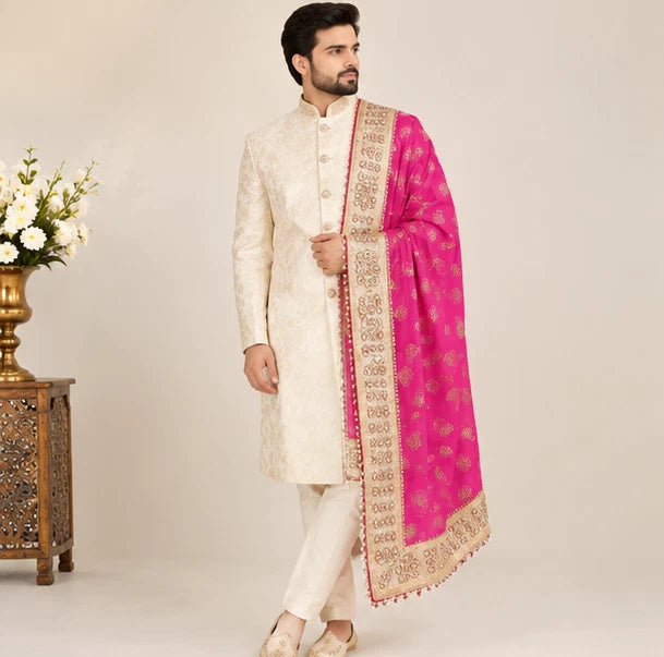 Groom Sherwani Dupatta Pink Silk Wedding Stole