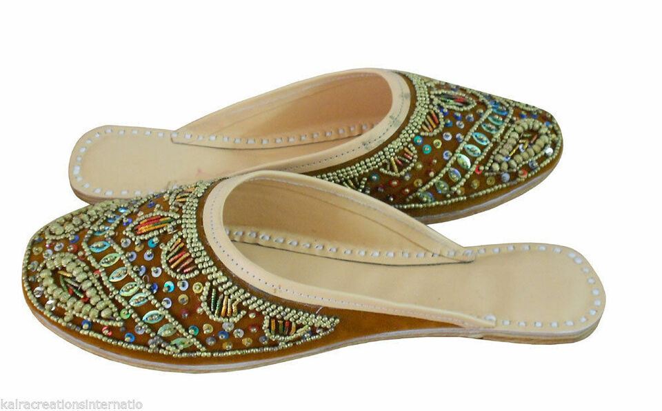 Women Slippers Indian Handmade Jutties Traditional Clogs Brown Mojaries Flip-Flops Flat US 7