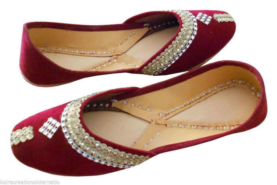 Women Shoes Indian Handmade Jutties Traditional Leather Mojaries Ballerinas Maroon Flip-Flops Flat US 4